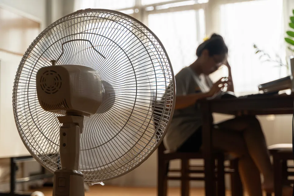 Close-up of floor fan operating with blurred woman sitting at table in background.